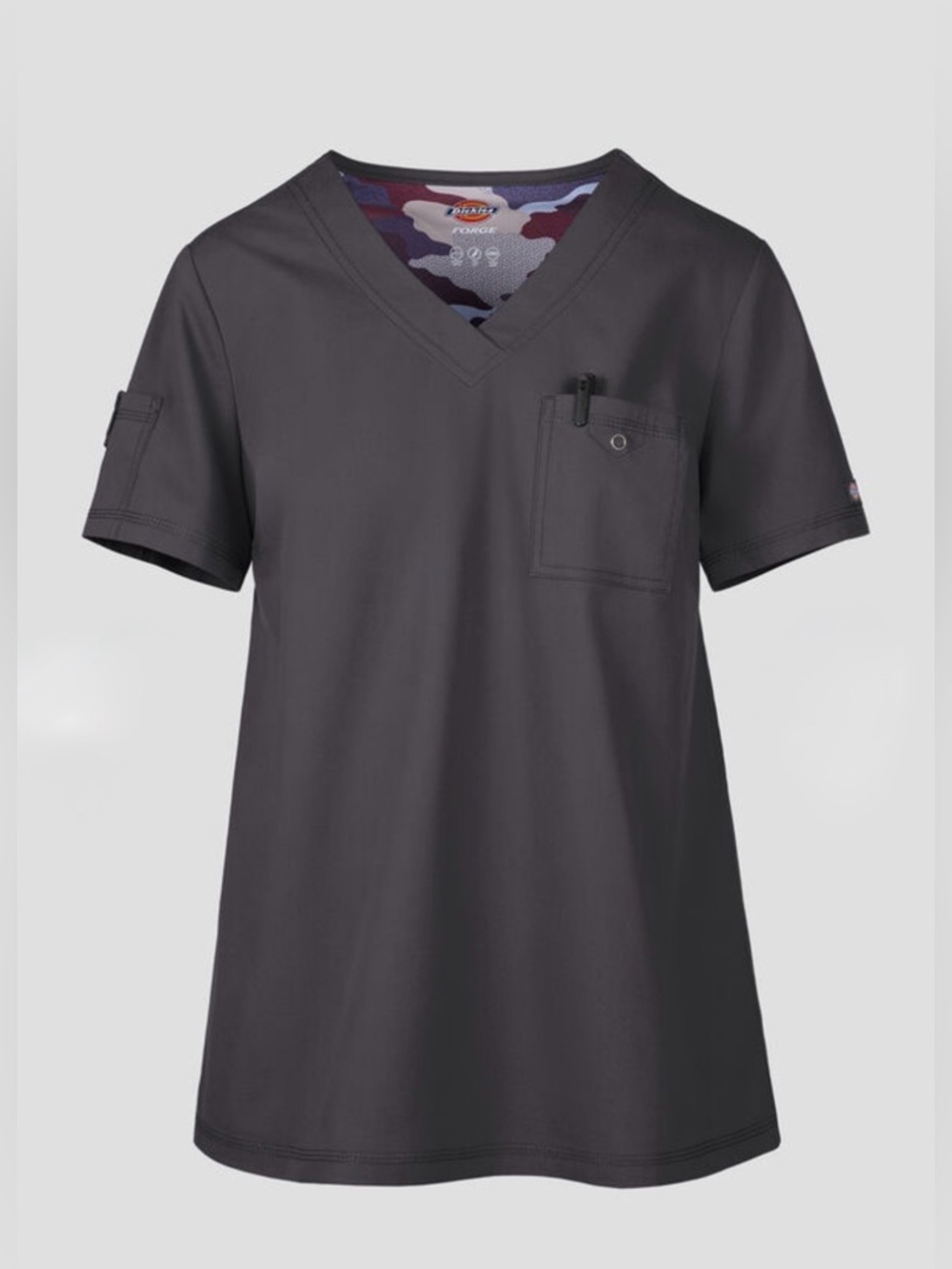 Dickies Charcoal Forge V-Neck Scrub Top with Camo Lining